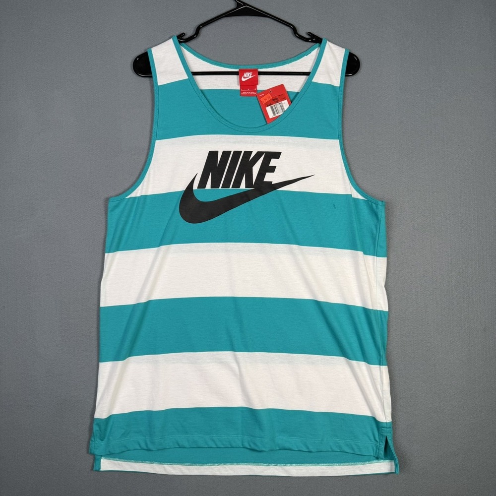 Nike Mens Striped Tank Top Turquoise White Lightweight Logo 639301-102 L